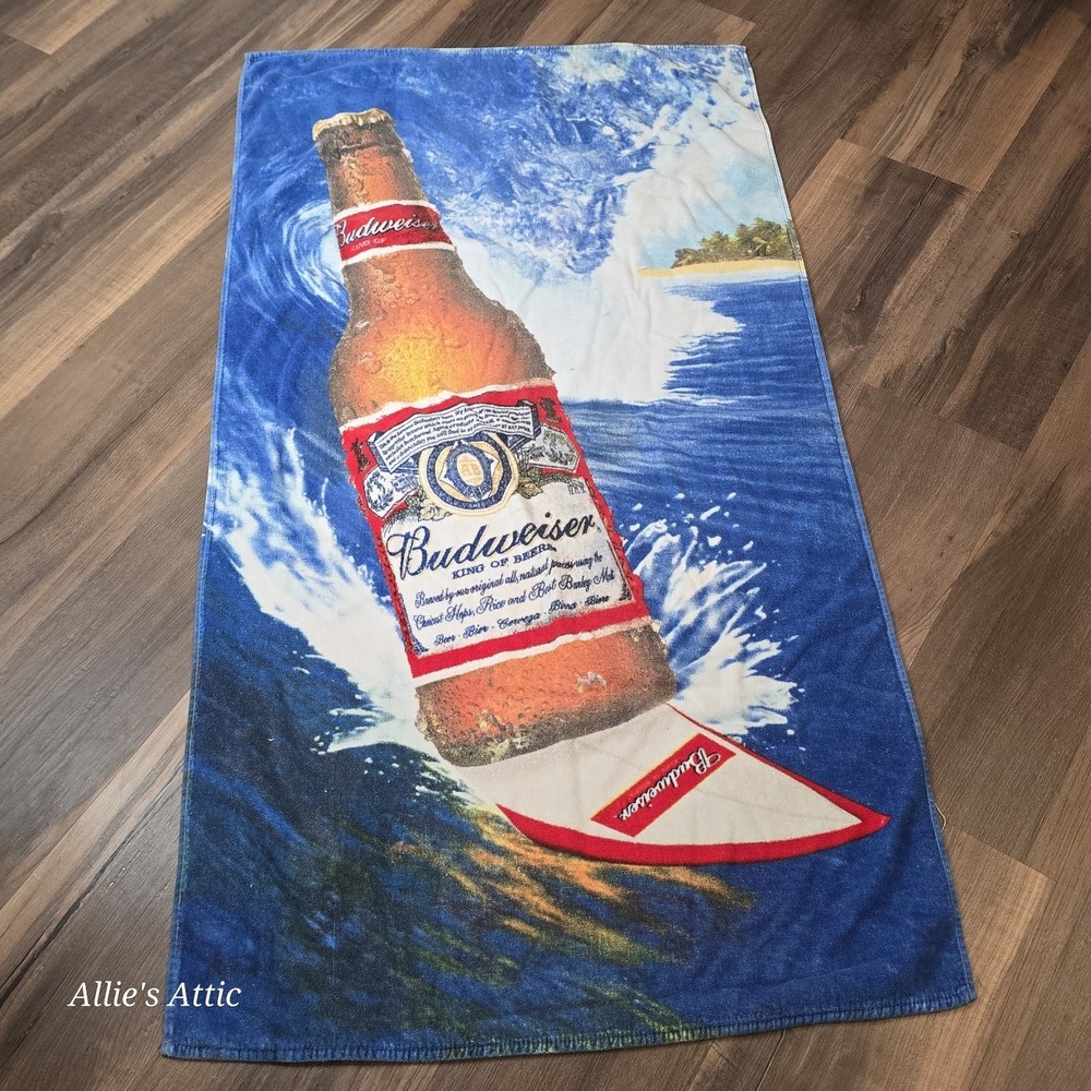 Budweiser Beach Towel Vintage Blue Red Cotton Beer Bottle Logo Surf 58x30